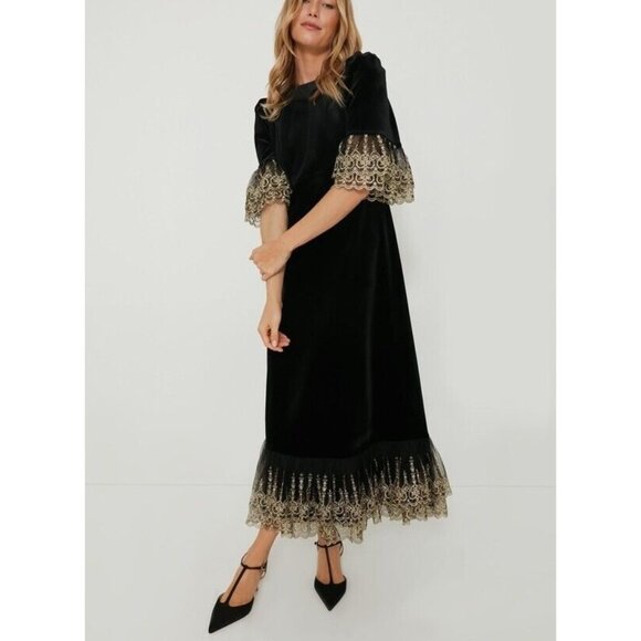 Pomander Place Dresses & Skirts - Tuckernuck Pomander Place Black Velvet Lillith Dress Gold Embroider Lace Size M